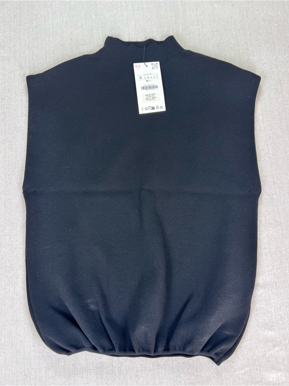 Women’s Black Modern Minimalist Professional Mock Neck Top Elastic Hem - S